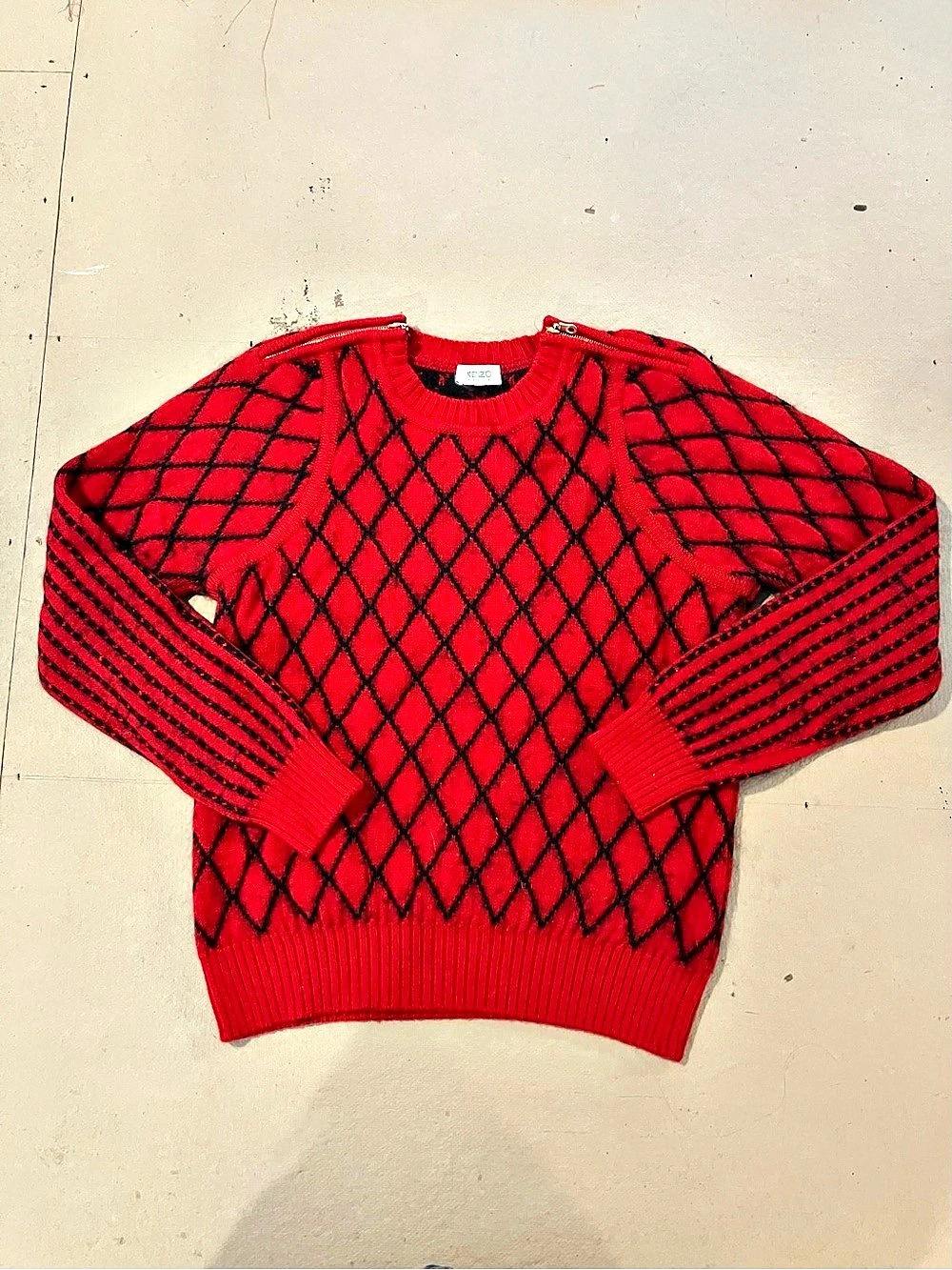 Kenzo Diamond Knit Red and Black Wool Angora Blend Sweater